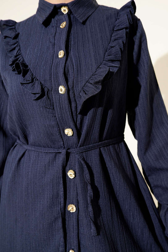 Ensemble deux pièces à volants en V et boutons dorés, bleu marine