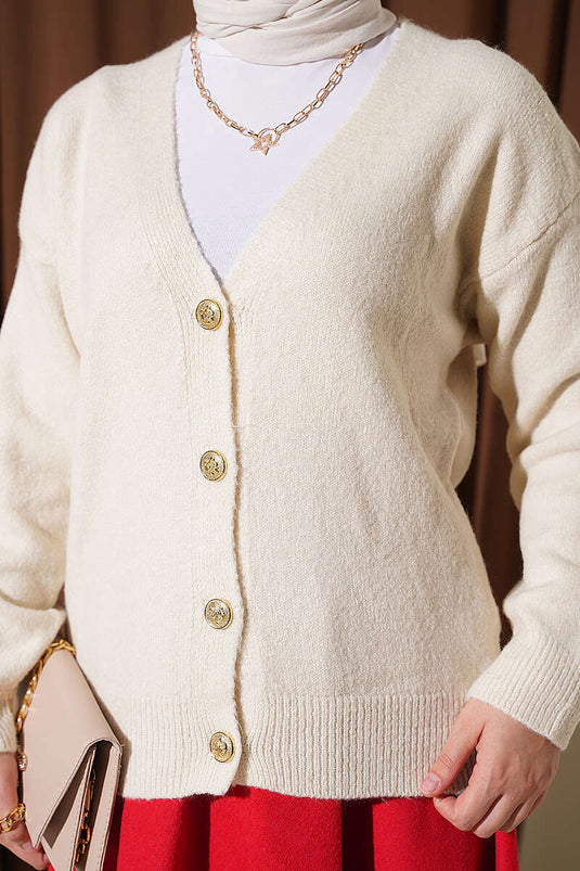 Beige Goldene Knopfleiste V-Ausschnitt Strickjacke