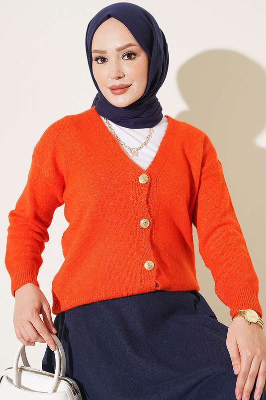Kurzer Goldener Strick-Cardigan Mit Knöpfen Und V-Ausschnitt In Orange