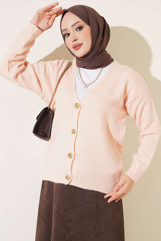 Gilet Court En Maille Orné De Boutons Et En Col En V Rose Poudré