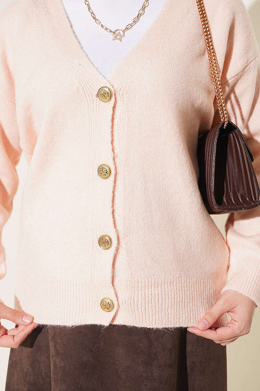 Gilet Court En Maille Orné De Boutons Et En Col En V Rose Poudré