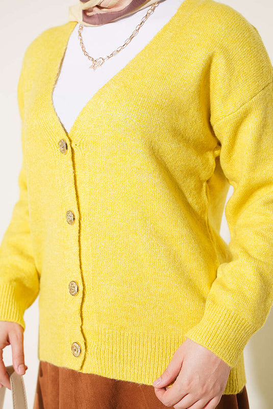Gilet Court En Maille À Boutons Dorés Et Col En V Vert Olive