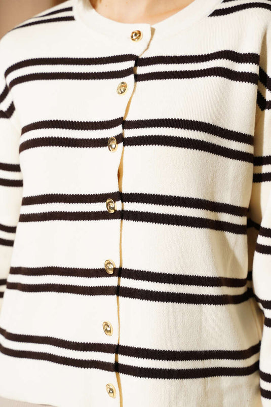 Goud Knopjes Zijde Gestreepte Trui Vest Beige Bruin