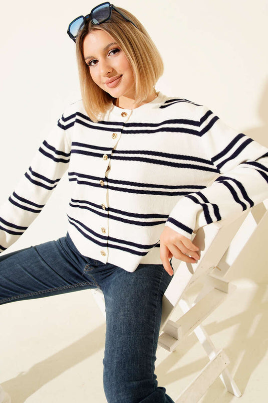 Chaqueta De Punto Con Botones Dorados Y Rayas Laterales, Color Crudo Y Azul Marino