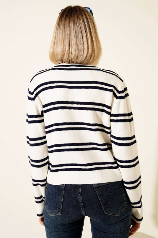 Chaqueta De Punto Con Botones Dorados Y Rayas Laterales, Color Crudo Y Azul Marino