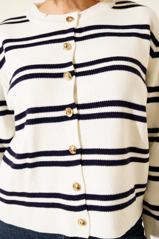 Chaqueta De Punto Con Botones Dorados Y Rayas Laterales, Color Crudo Y Azul Marino