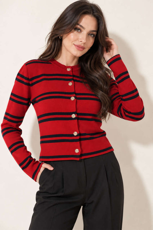 Gilet En Maille À Boutons Dorés Et Rayures Latérales En Rouge Et Marine