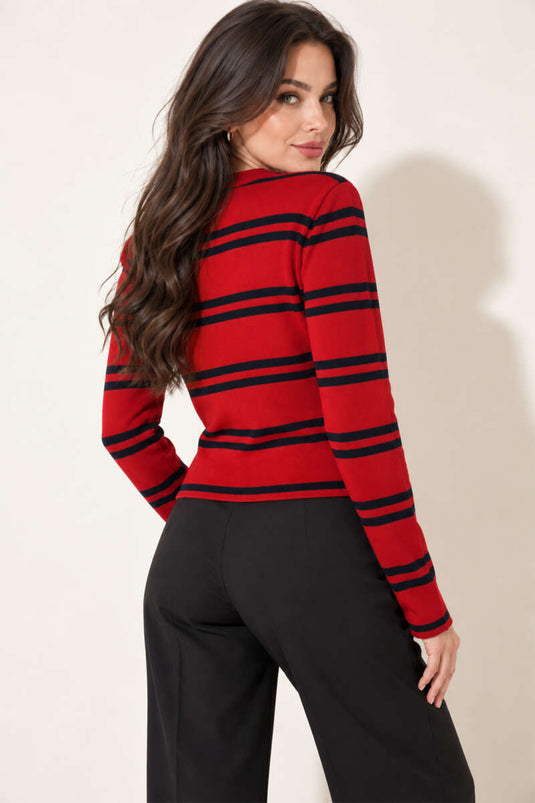 Gilet En Maille À Boutons Dorés Et Rayures Latérales En Rouge Et Marine