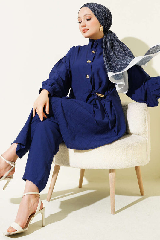 Navy Blue Two-Piece Set with Gold Buttons and Side Drawstring