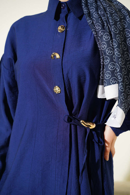 Navy Blue Two-Piece Set with Gold Buttons and Side Drawstring