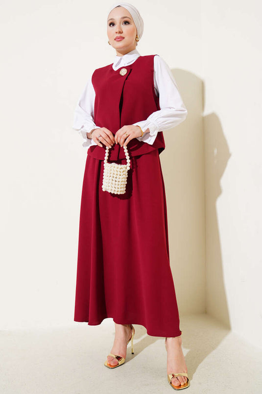 Burgundy Two-Piece Set with Gold Buttoned Vest and Skirt