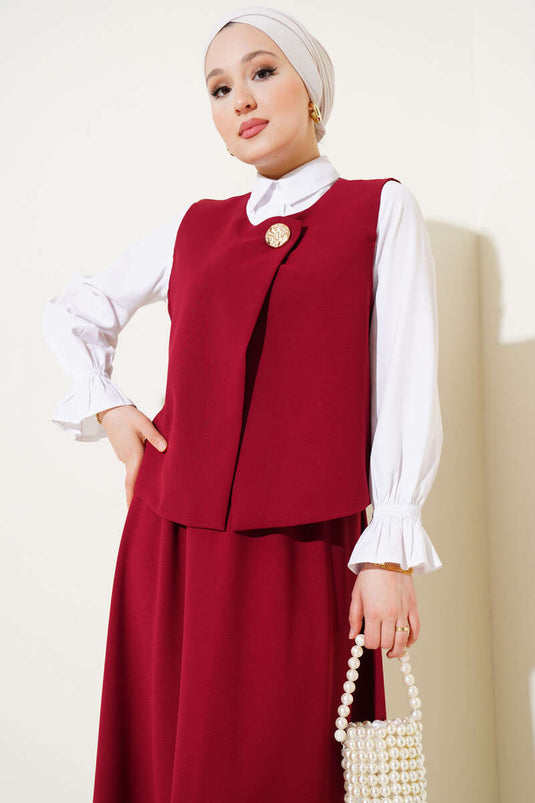 Burgundy Two-Piece Set with Gold Buttoned Vest and Skirt