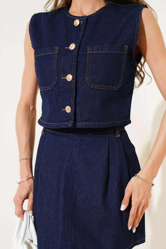 Gold Düğmeli Yelekli İkili Takım Lacivert