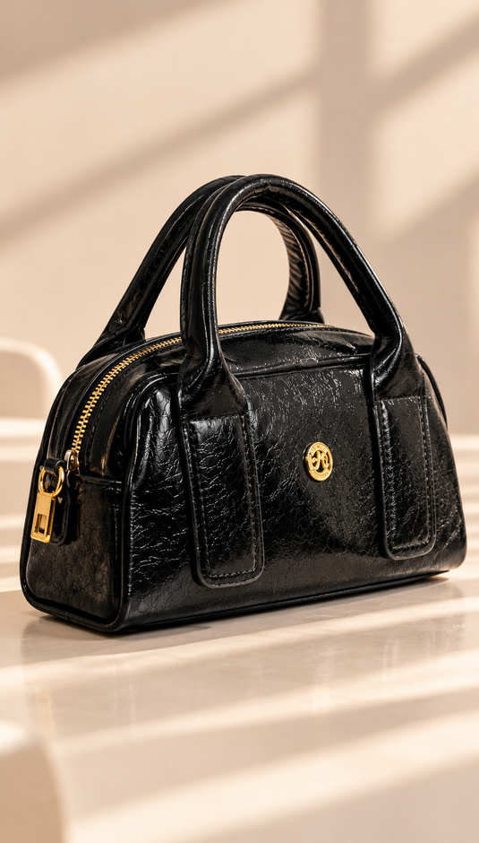 Gold Zippered Hand & Shoulder Bag Black