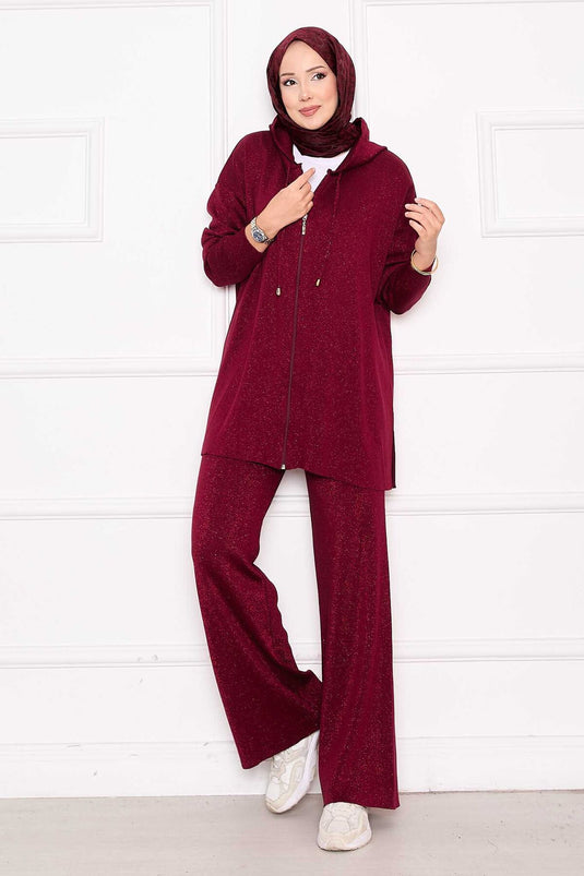 Gold Glitter Zippered Hooded Knitwear Two-Piece Set Burgundy