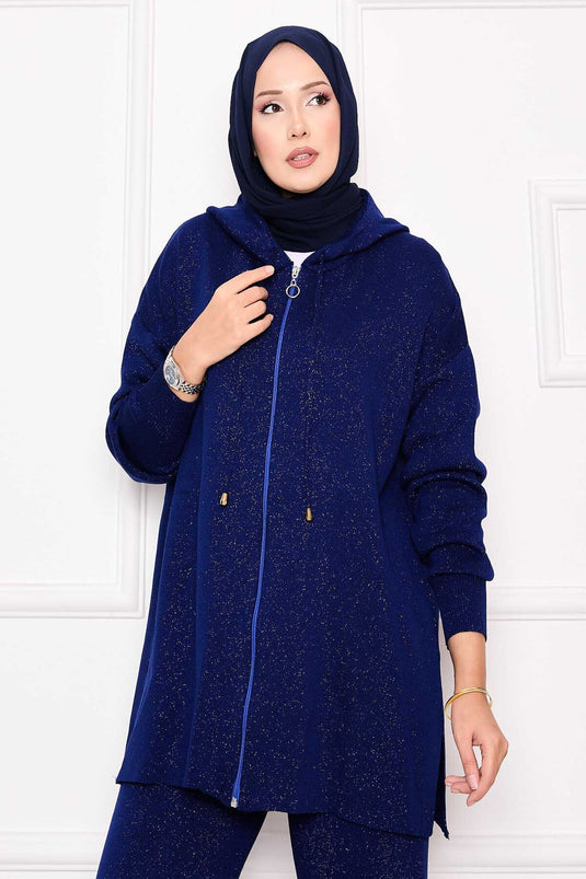 Gold Glitter Zippered Hooded Knitwear Two Piece Set Navy Blue