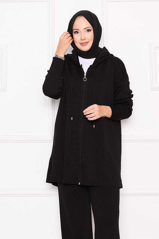 Gold Glitter Zippered Hooded Sweater Two Piece Set Black
