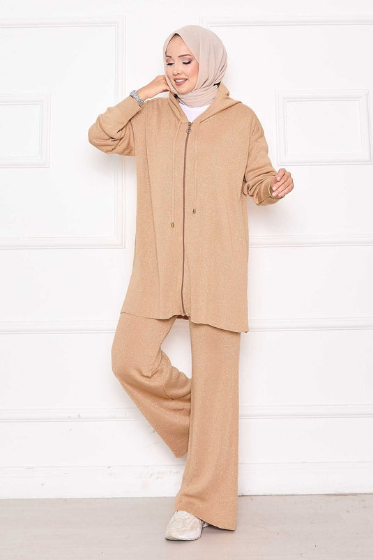 Gold Glitter Zippered Hooded Sweater Two Piece Set TEN