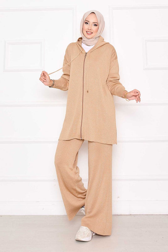 Gold Glitter Zippered Hooded Sweater Two Piece Set TEN