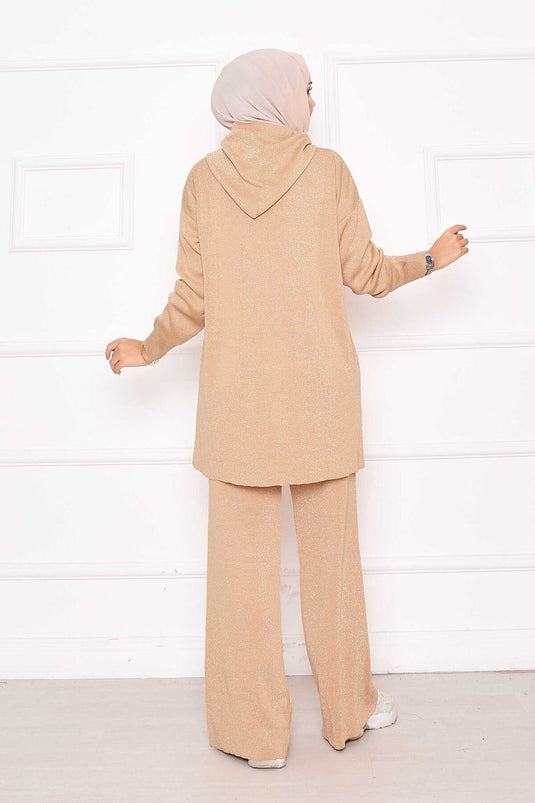 Gold Glitter Zippered Hooded Sweater Two Piece Set TEN