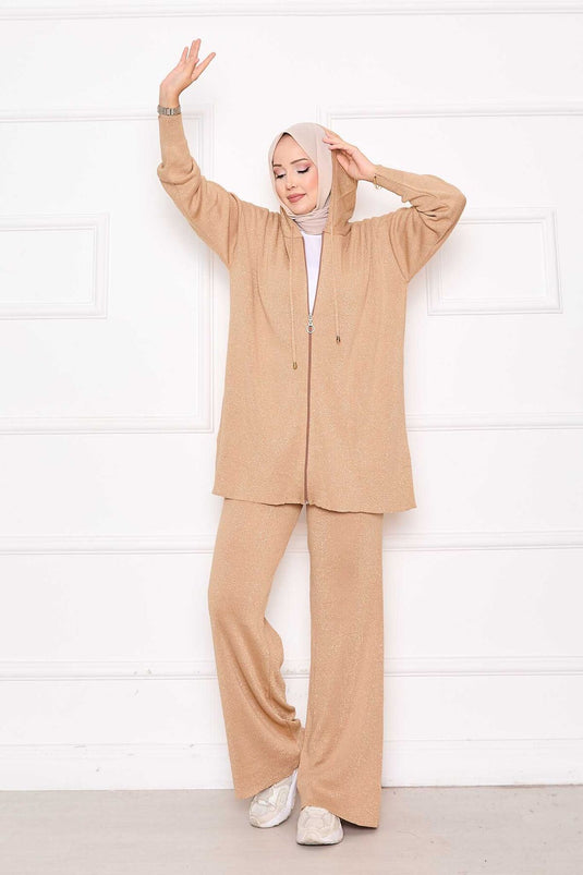 Gold Glitter Zippered Hooded Sweater Two Piece Set TEN