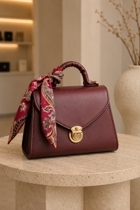 Goldfarbene Hand- & Schultertasche mit Kilitli-Schal-Detail in Bordeaux