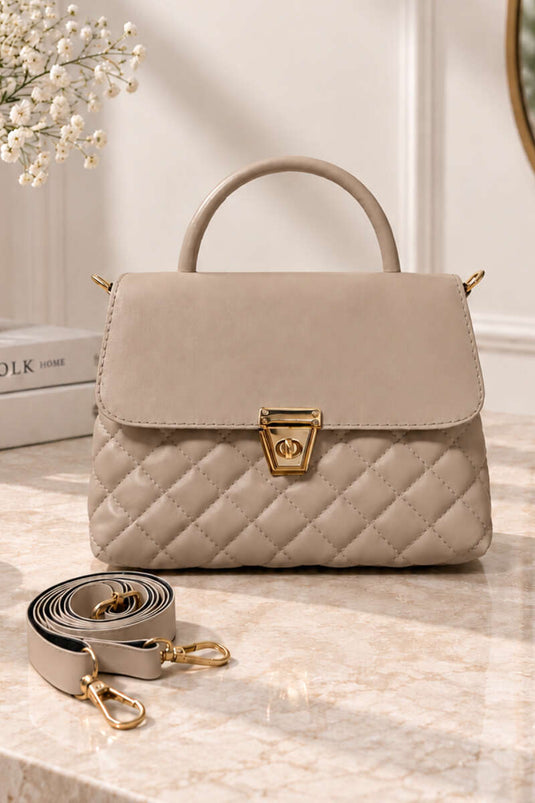 Gouden Gestikte Dames Handtas Beige