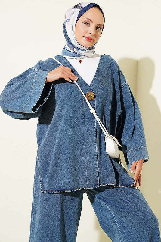 Gold Buttoned Denim Two-Piece Set