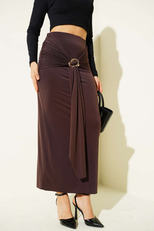 Gold Buckle Detail Skirt Brown