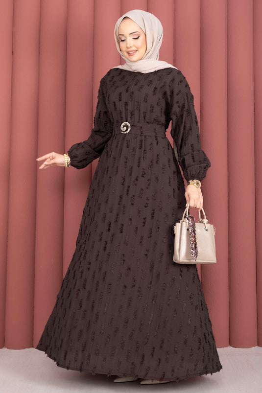 Gold Buckle Belted Embroidered Dress Brown