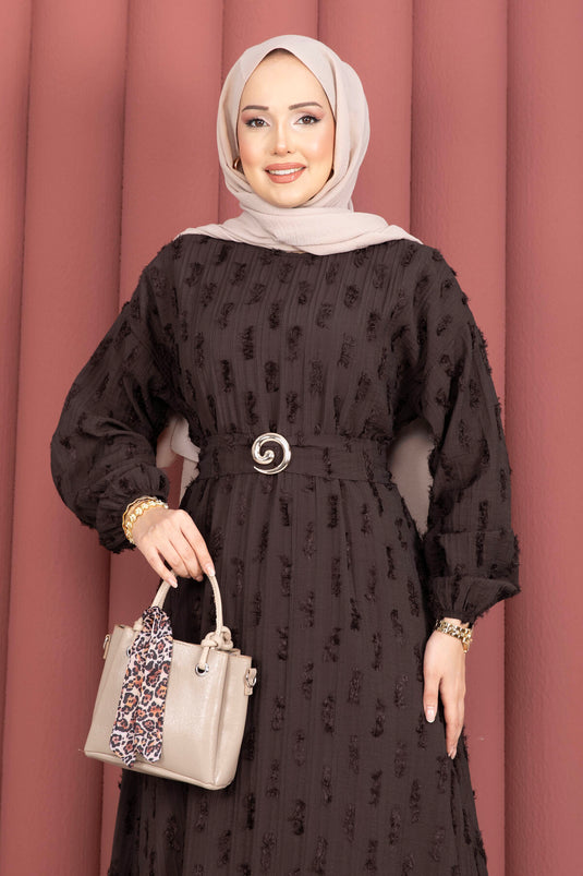 Gold Buckle Belted Embroidered Dress Brown