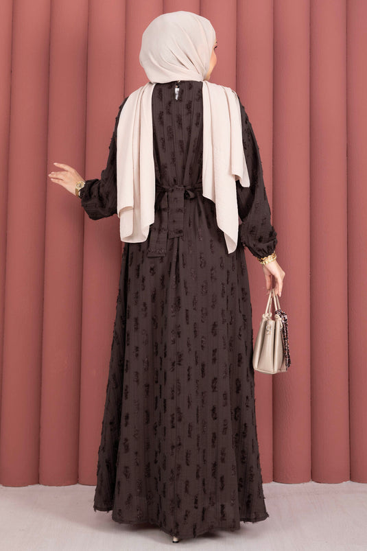 Gold Buckle Belted Embroidered Dress Brown