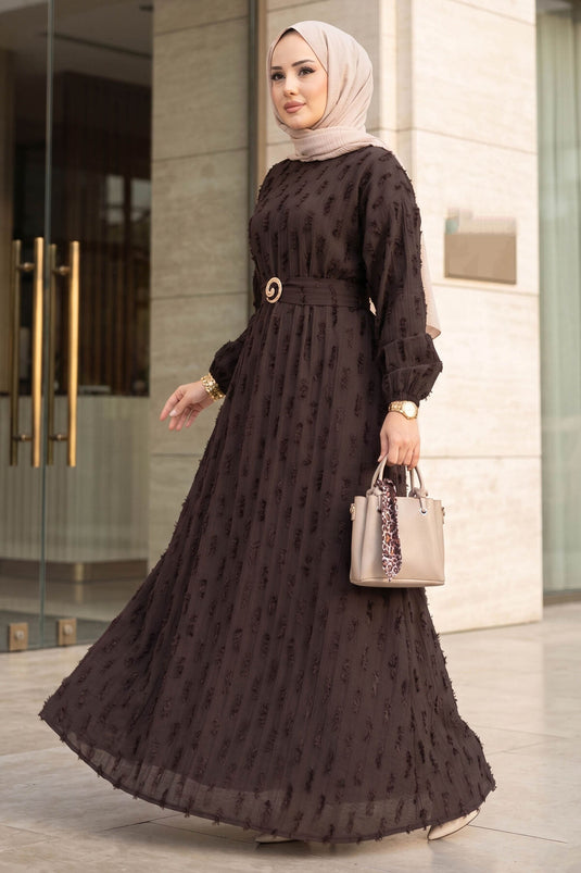 Gold Buckle Belted Embroidered Dress Brown