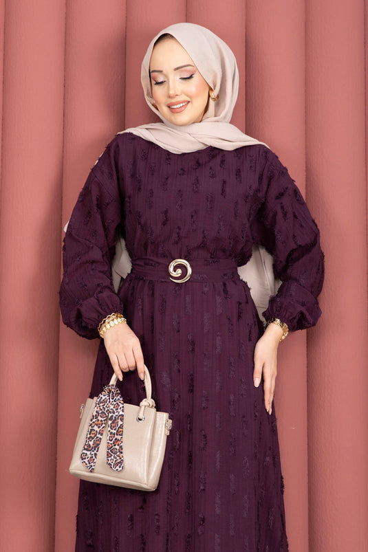 Gold Buckle Belted Embroidered Dress Plum