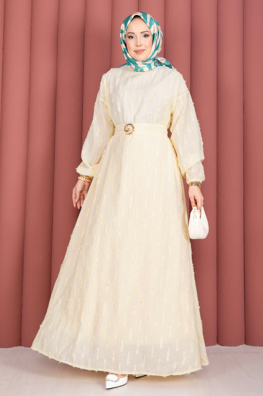 Gold Buckle Belted Embroidered Dress Yellow