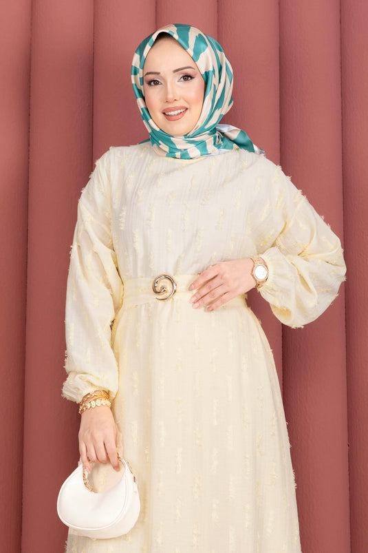 Gold Buckle Belted Embroidered Dress Yellow