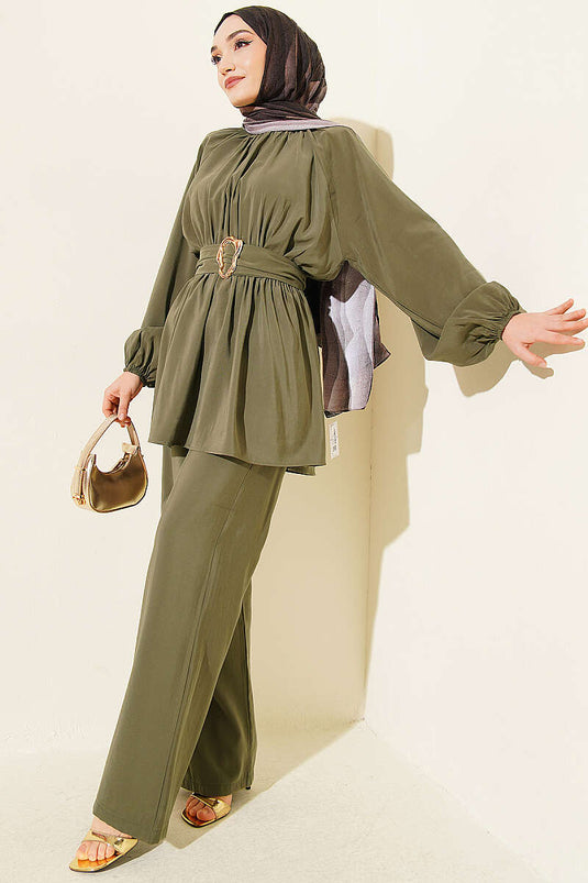Ensemble double en modal kaki avec ceinture élastique et boucle dorée