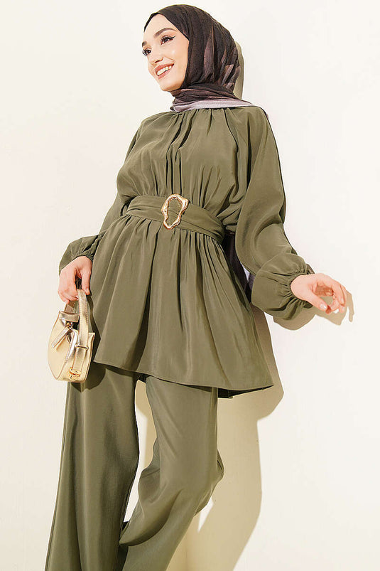 Ensemble double en modal kaki avec ceinture élastique et boucle dorée