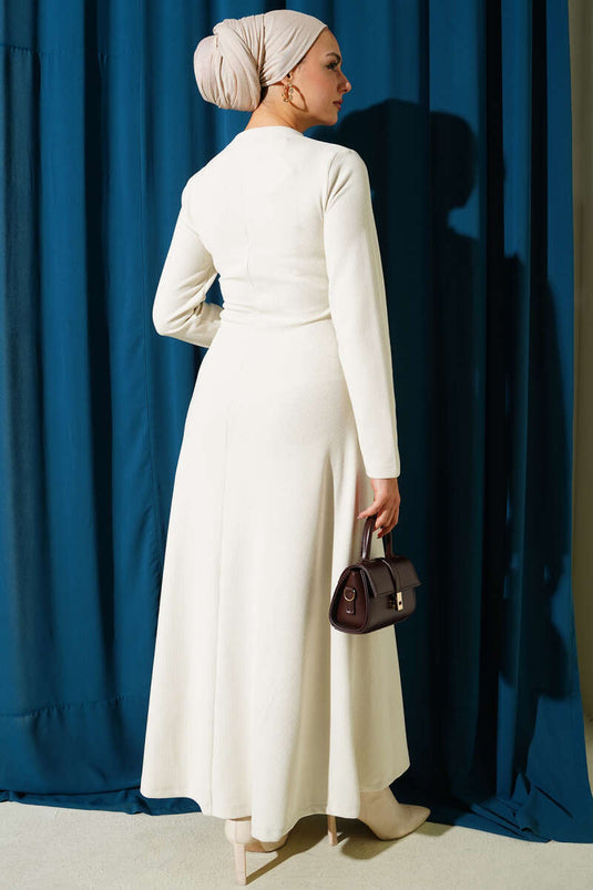 Gold Buckle Ribbed Dress, Ecru