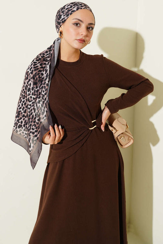 Gold Buckle Corduroy Dress in Brown