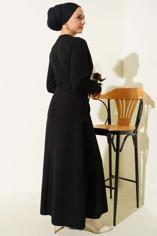 Gold Tokalı Fitilli Elbise Siyah