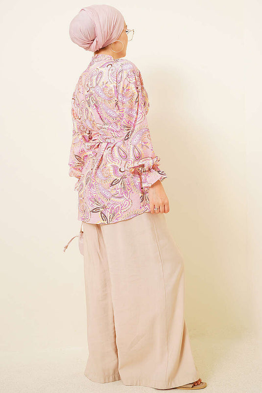 Gold Tokalı Paisley Desen Tunik Pembe