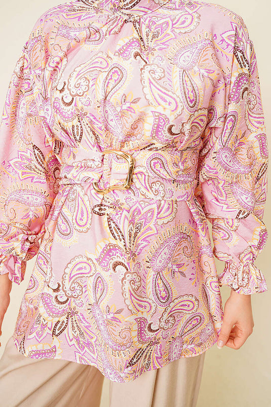 Gold Tokalı Paisley Desen Tunik Pembe