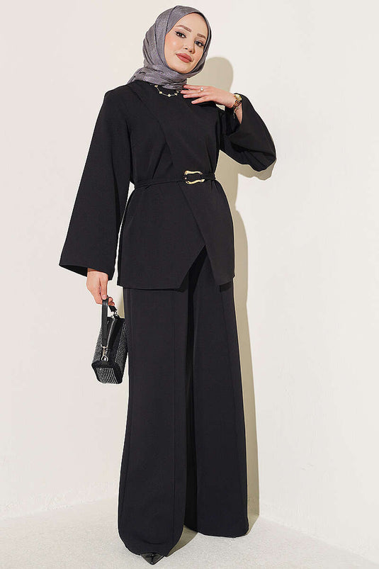 Gold Buckle Pendant Detail Two-Piece Set Black