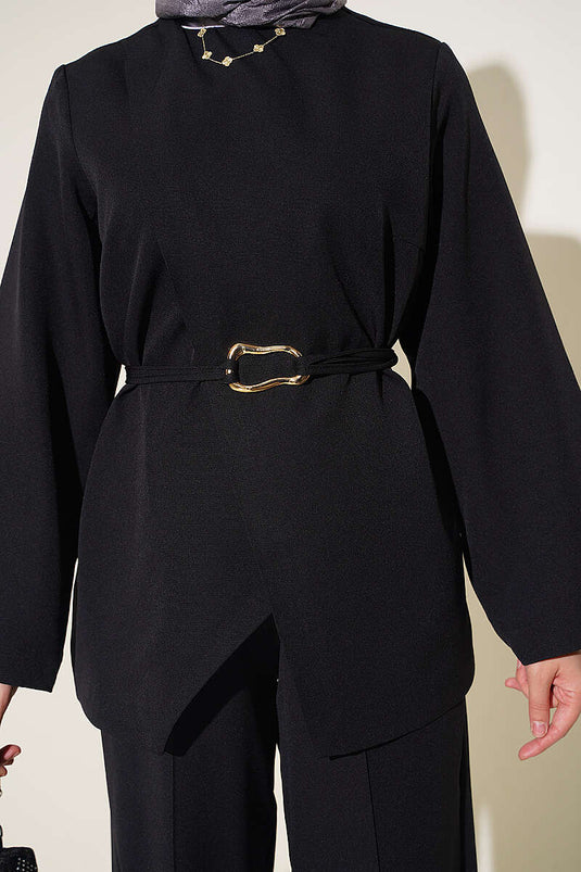 Gold Buckle Pendant Detail Two-Piece Set Black