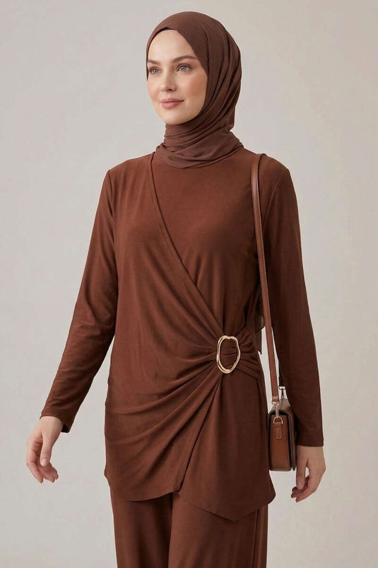 Ensemble double Sandy avec boucle dorée, couleur café