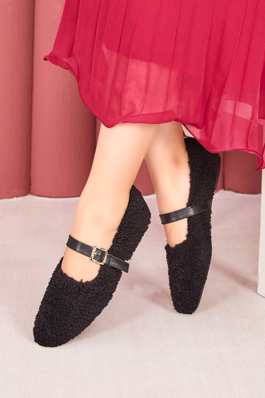 Ballerines Teddy noires à boucle dorée