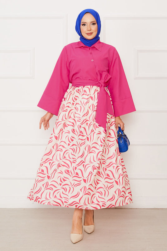 Self-Belted Shirt Wide Sleeve Skirt Suit Pink
