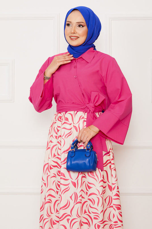 Self-Belted Shirt Wide Sleeve Skirt Suit Pink