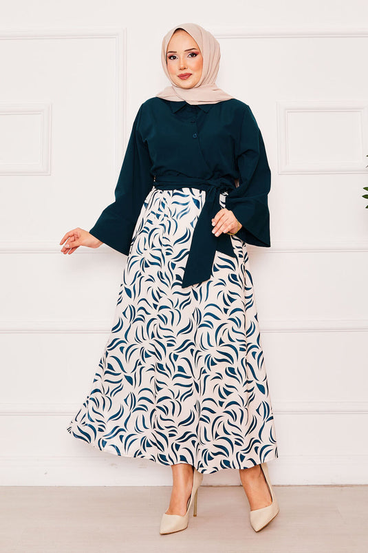 Chemise ceinturée et tailleur à manches larges et jupe, pétrole